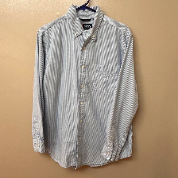 Chaps Blue & White Striped Long Sleeve Button-Up Shirt Medium - Picture 1 of 9